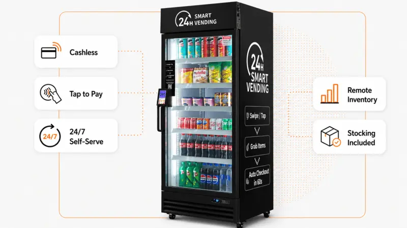 Modern smart vending machine with cashless payment and remote inventory features