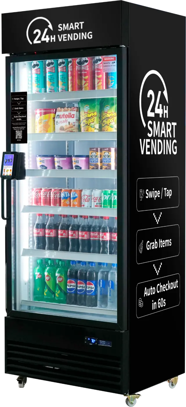 Modern cashless smart vending cooler stocked with snacks and cold drinks